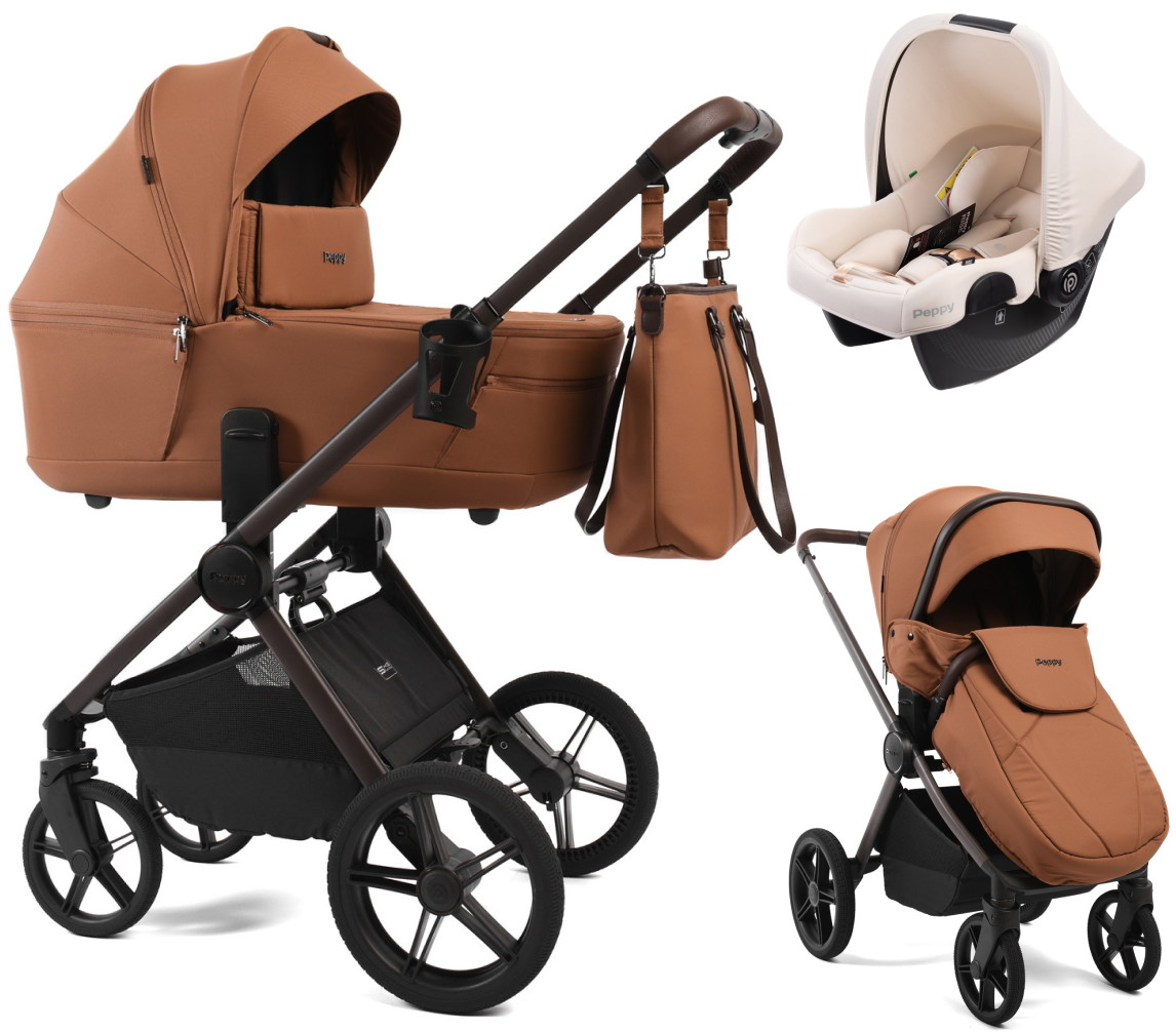 Детская коляска Peppy Monaco Thermo 3 в 1 с автокреслом Rise Milk Biscuit (бисквит), рама серо-коричневая