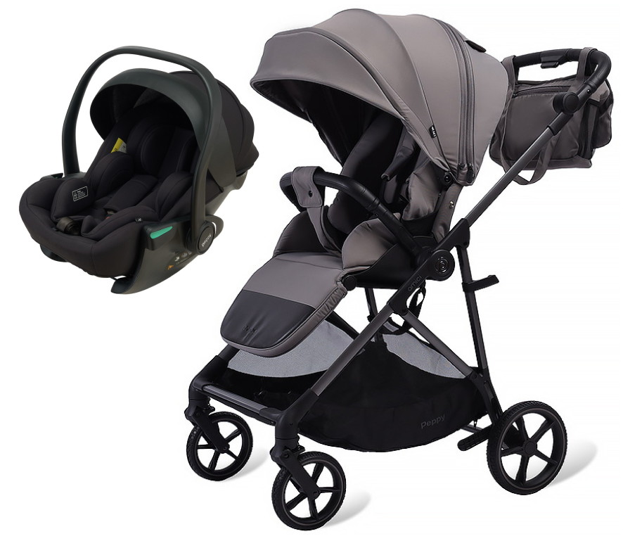 Прогулочная коляска Peppy Amici с автокреслом Jet Black Grey серый, рама серая