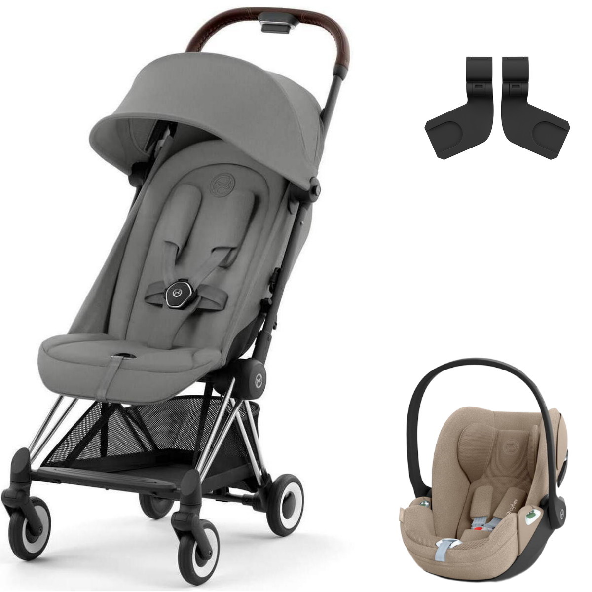 Коляска Cybex Coya Chrome Frame Cloud T i-Size Cozy Beige Plus 2 в 1 Mirage Grey с дождевиком