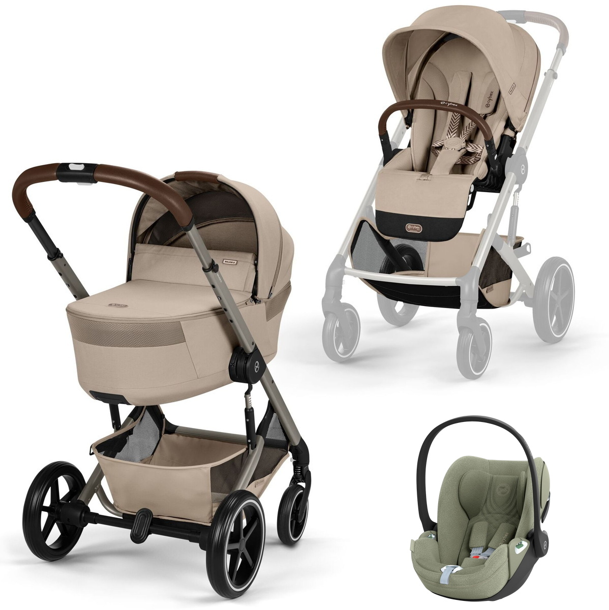 Коляска Cybex Balios S Lux Fold Cot TPE Cloud T Sage Green Plus 3 в 1 Almond Beige с дождевиками