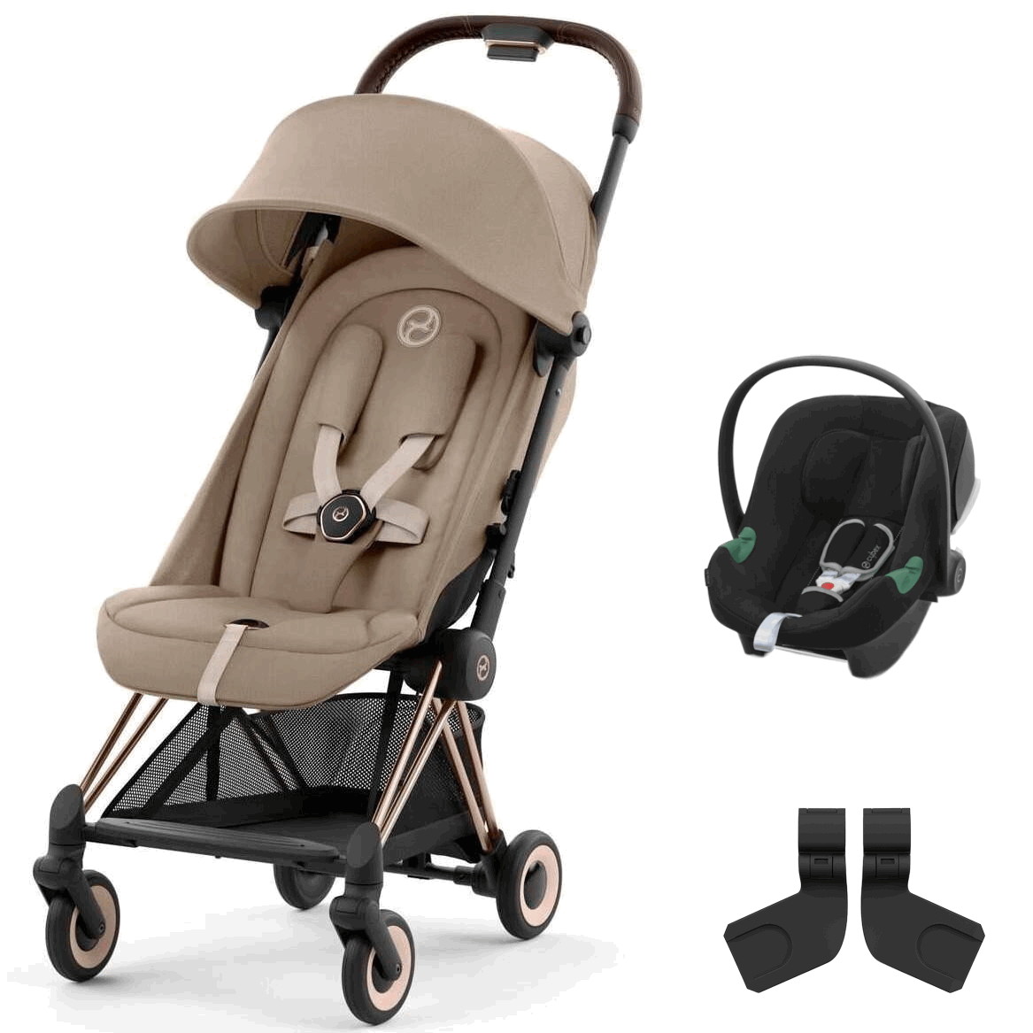 Коляска Cybex Coya Rosegold Frame Aton B2 i-Size Volcano Black Cozy Beige с дождевиком и бампером