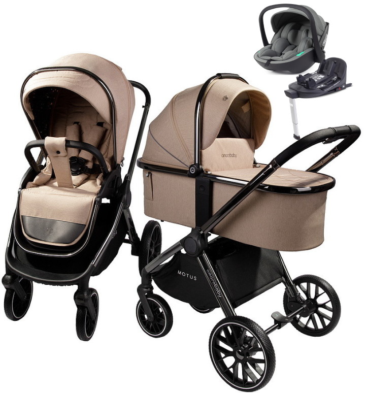 Детская коляска AmaroBaby Motus V2 4 в 1 с автокреслом Rant Miro Olive и базой мокко