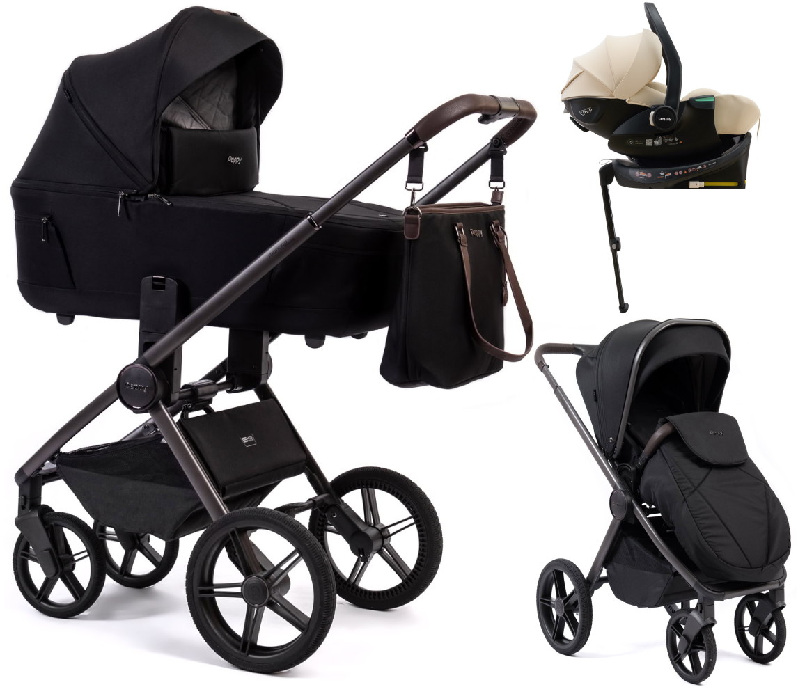 Детская коляска Peppy Monaco Thermo 4 в 1 с автокреслом Jet Beige и базой Black (черный), рама серо-коричневая
