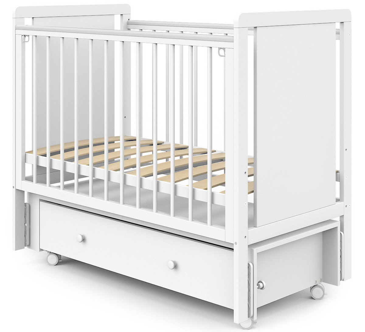 Детская кроватка Indigo Classic маятник, колеса,ящик белая аляска