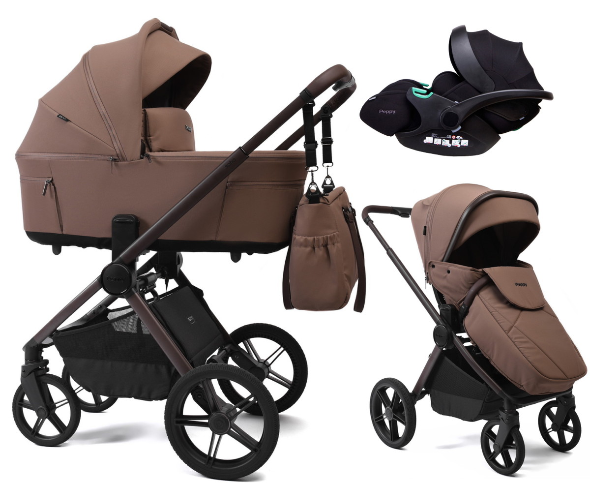 Детская коляска Peppy Soho 3 в 1 с автокреслом Verona Black Cappuccino (капучино) рама шоколад