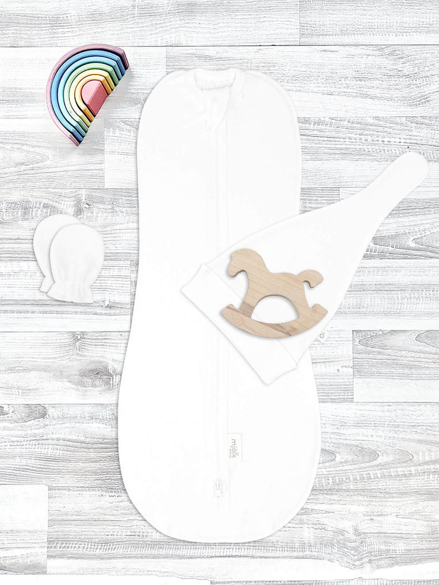 Комплект для новорождённого Mjolk White пеленальный кокон, шапочка, антицарапки 56