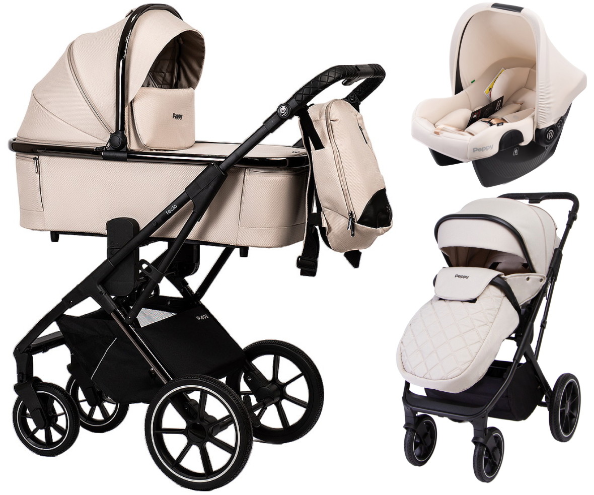Детская коляска Peppy Tecla 3 в 1 с автокреслом Rise Milk Stone Chrome Edition (Бежевый)