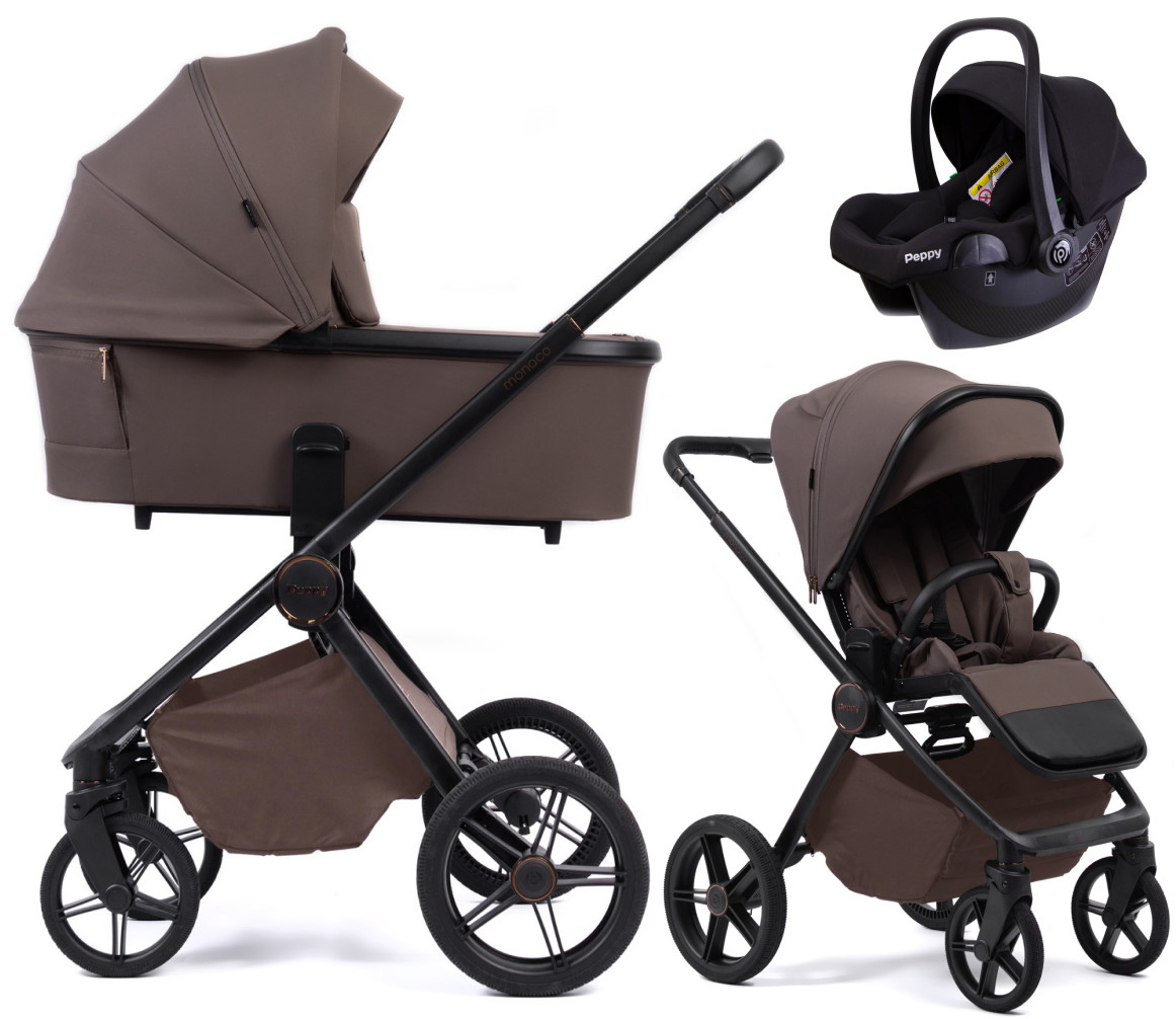 Детская коляска Peppy Monaco Plus 3 в 1 с автокреслом Rise Black Brownie (коричневый), рама черная