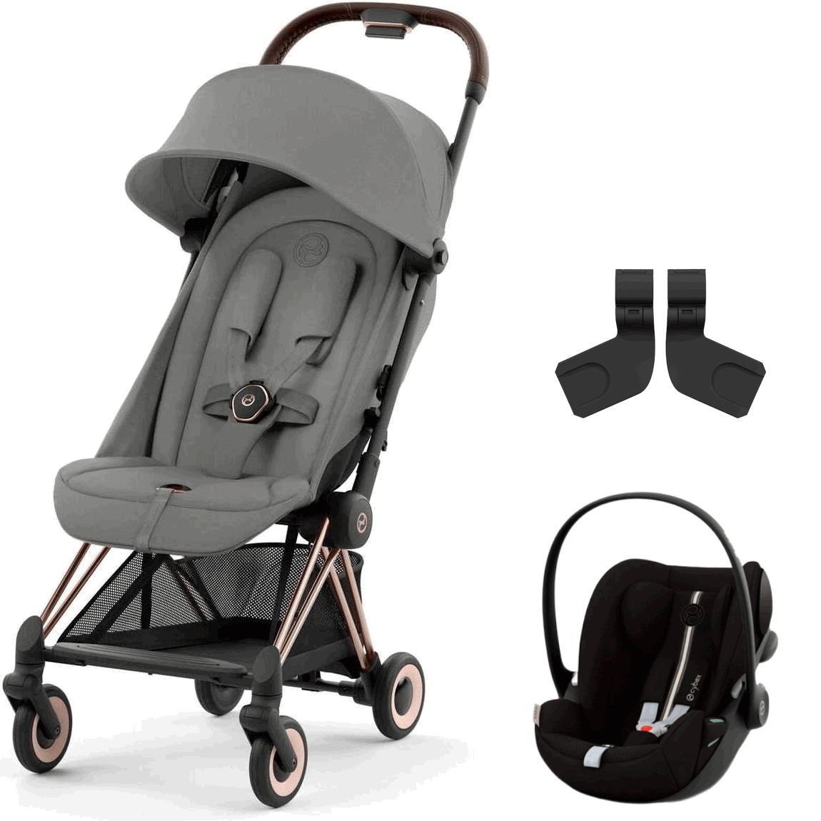 Коляска Cybex Coya Rosegold Frame Cloud G i-Size Moon Black Plus 2 в 1 Mirage Grey с дождевиком и бампером