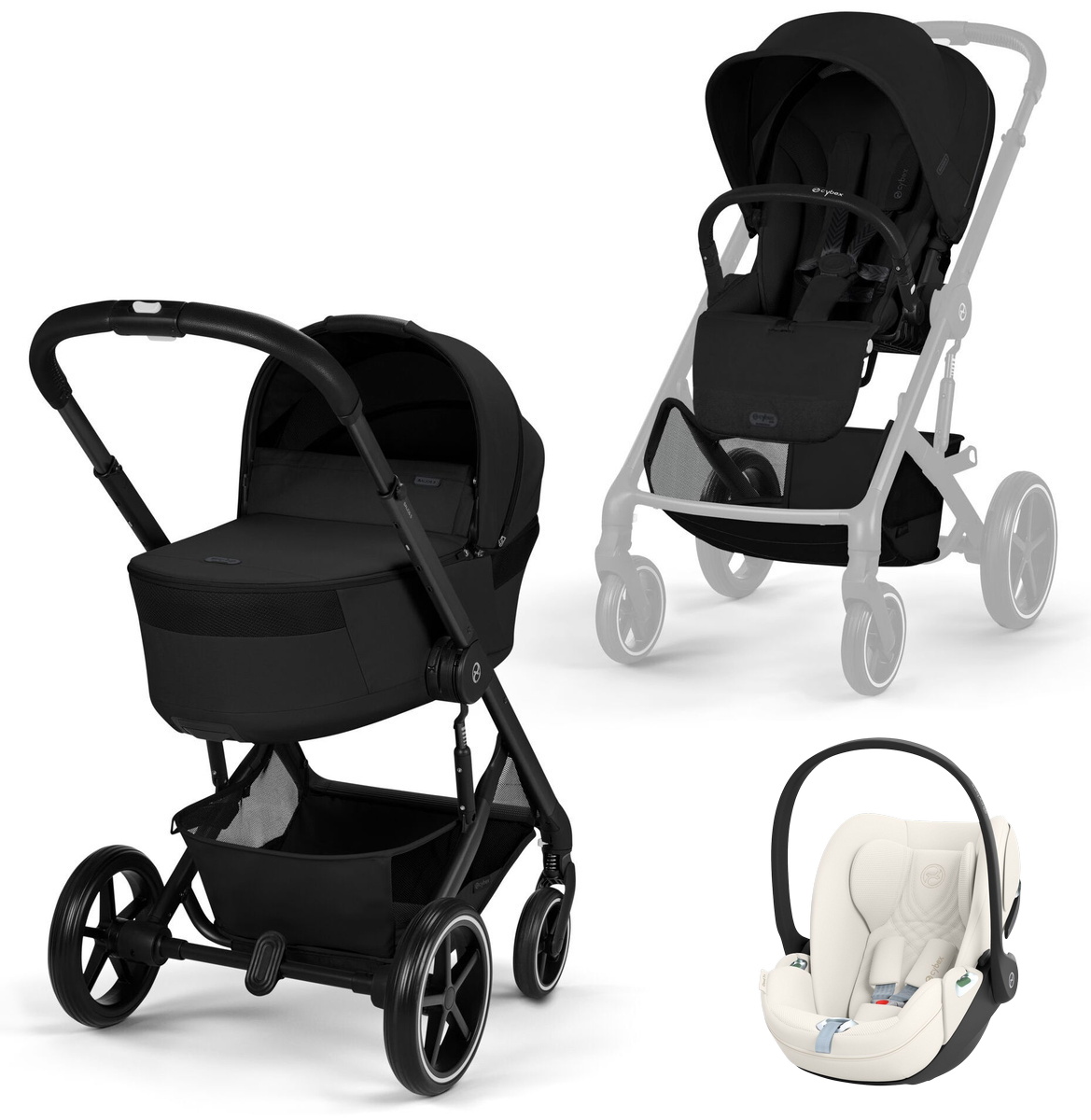 Коляска Cybex Balios S Lux Fold Cot BLK Cloud T Off White Plus 3 в 1 Moon Black с дождевиками