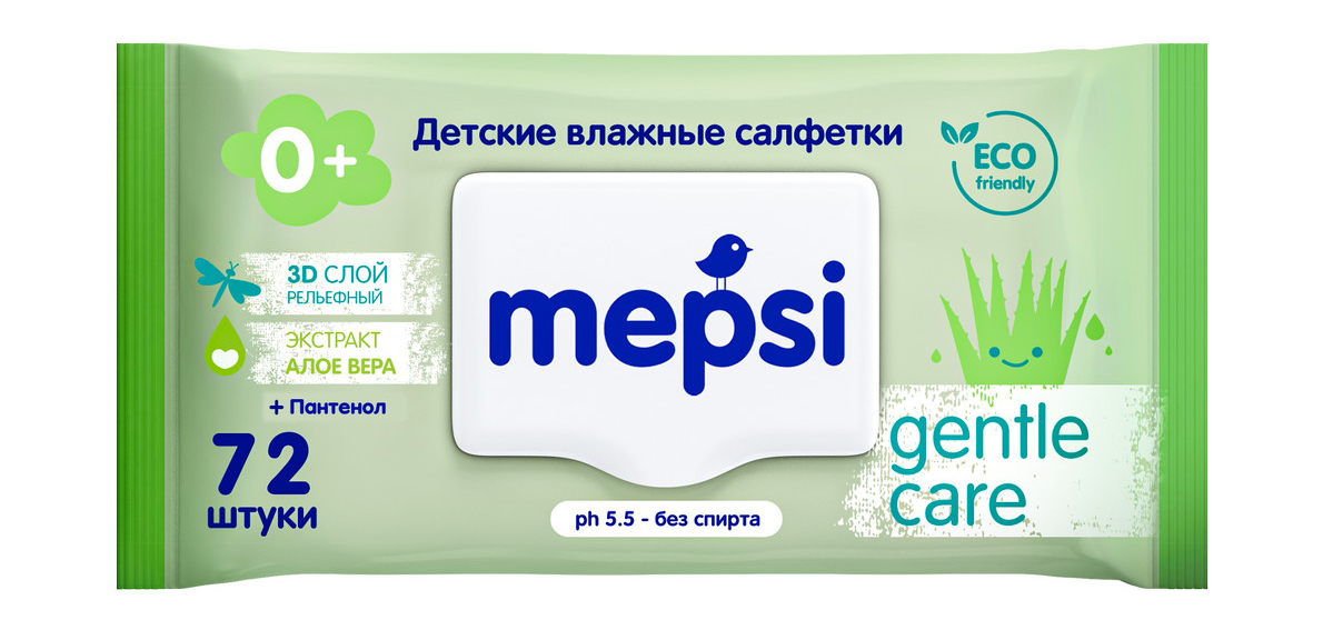 Влажные салфетки Mepsi Gentle Care детские алое вера, 72 шт