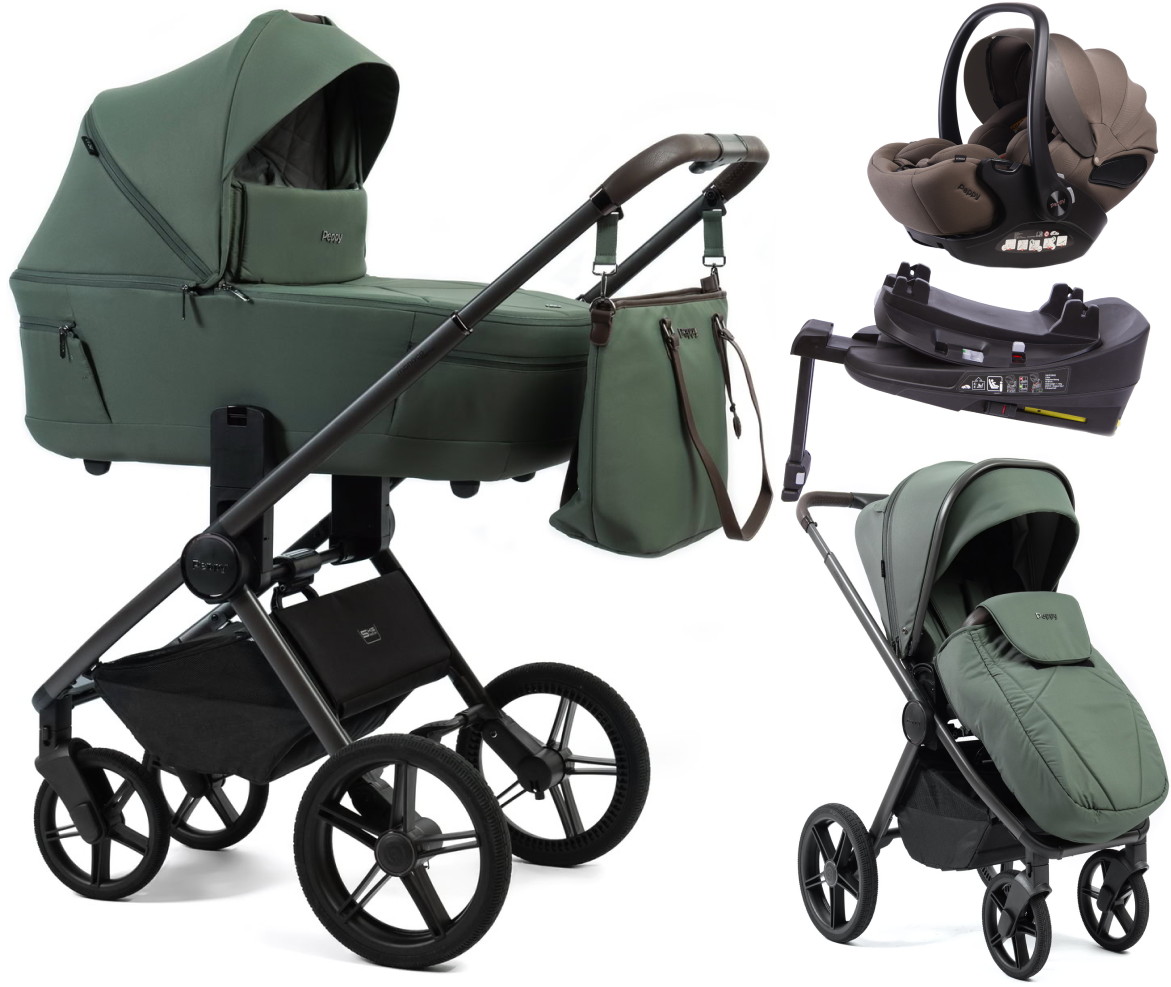 Детская коляска Peppy Monaco Thermo 4 в 1 с автокреслом Verona Brown и базой Green (зеленый), рама серо-коричневая