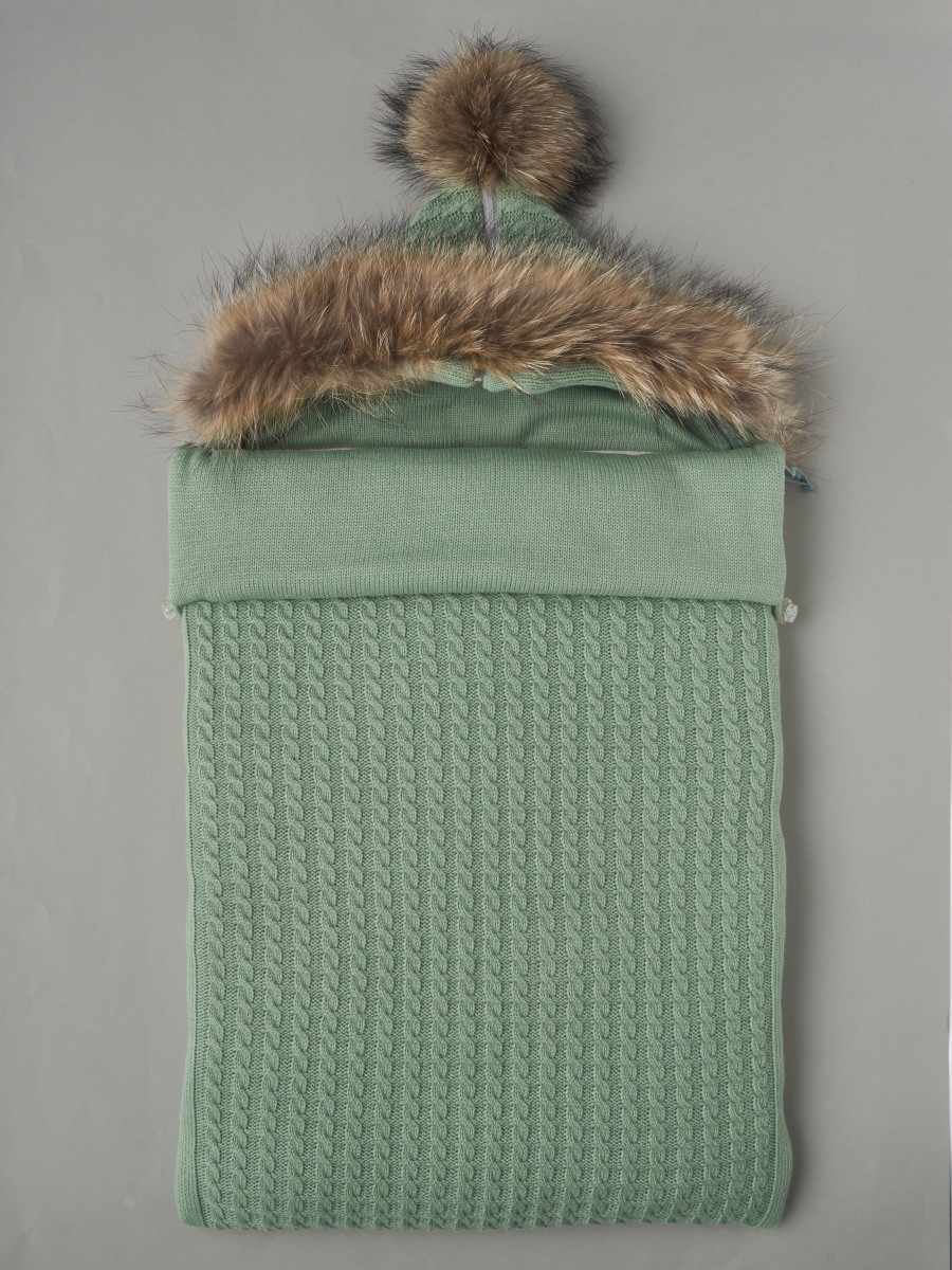 Конверт-Кокон Little Star с натуральной опушкой и помпоном на 2-х молниях 33177 серо-зеленый