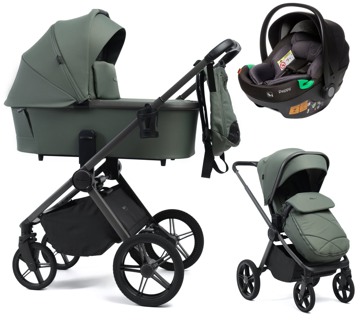 Детская коляска Peppy Monaco 3 в 1 с автокреслом First Oliva Green (зеленый), рама серая