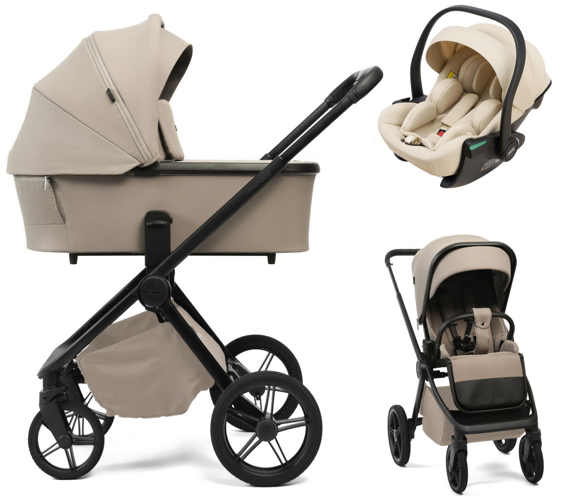 Детская коляска Peppy Monaco Plus 3 в 1 с автокреслом Jet Beige Sandstone (песочный), рама черная