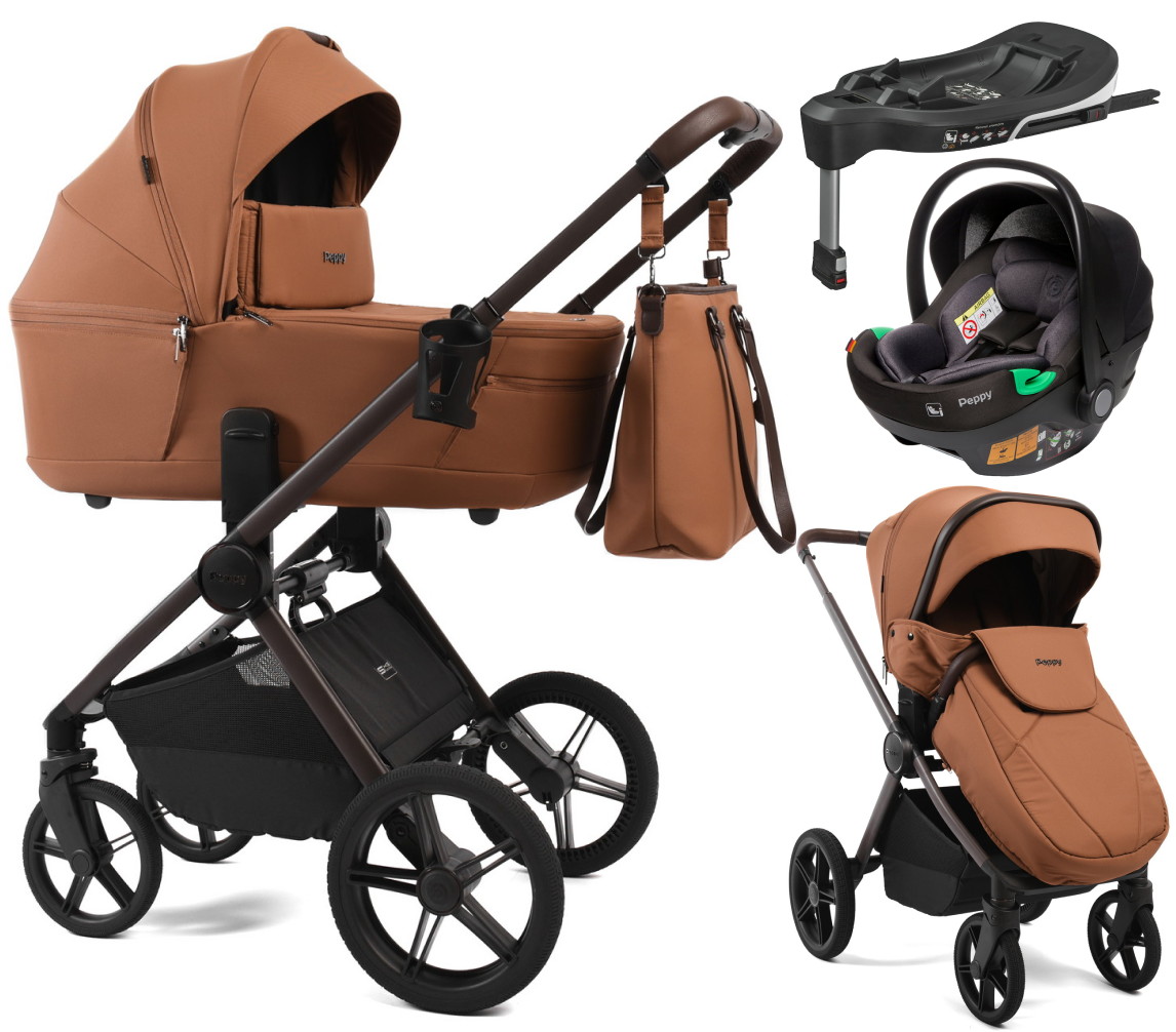 Детская коляска Peppy Monaco Thermo 4 в 1 с автокреслом First и базой Biscuit (бисквит), рама серо-коричневая