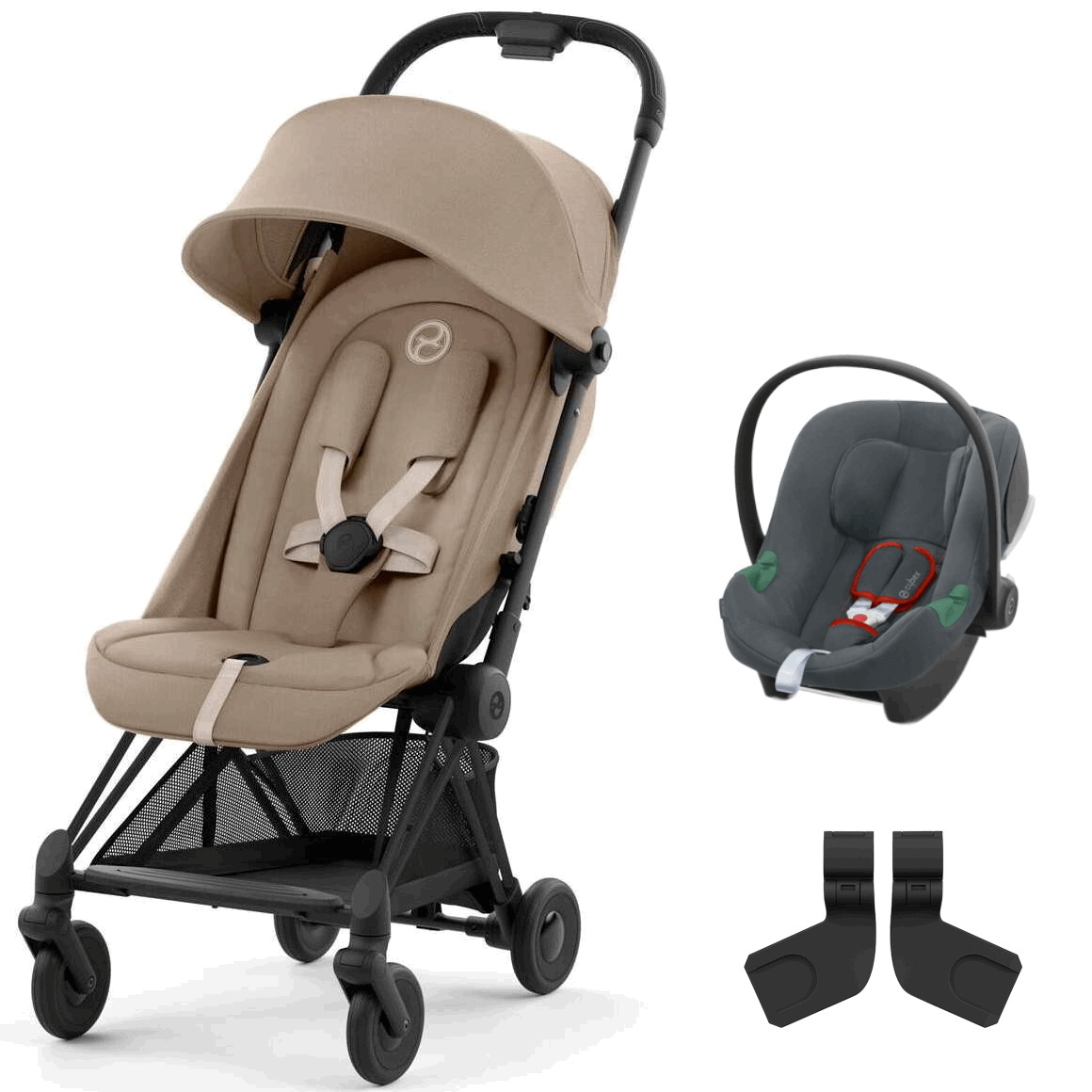 Коляска Cybex Coya Matt Black Frame Aton B2 i-Size Steel Grey Cozy Beige с дождевиком и бампером