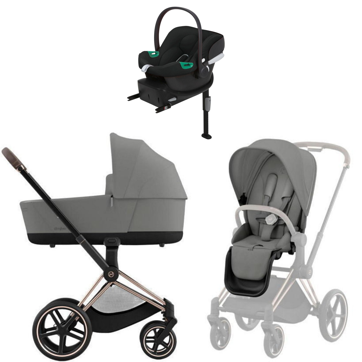 Коляска Cybex Priam IV Rosegold complete Aton B2 Volcano Black Base One 3 в 1 Mirage Grey