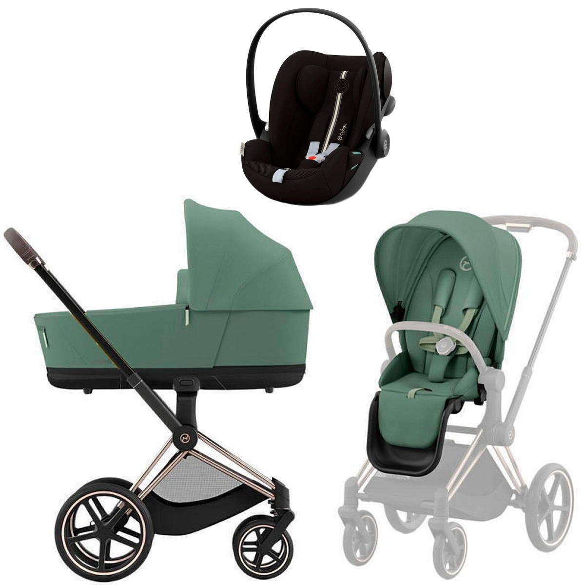 Коляска Cybex Priam IV Rosegold complete и автокресло Cloud G i-Size Moon Black Plus 3 в 1 Leaf Green