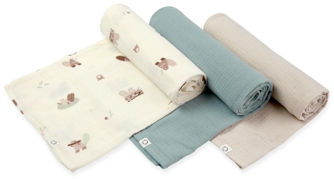Пелёнки муслиновые Buba Kids, 3 шт, 75х75 см BKMUSSW42 Бобры на хуторе/ полынь/ миндаль