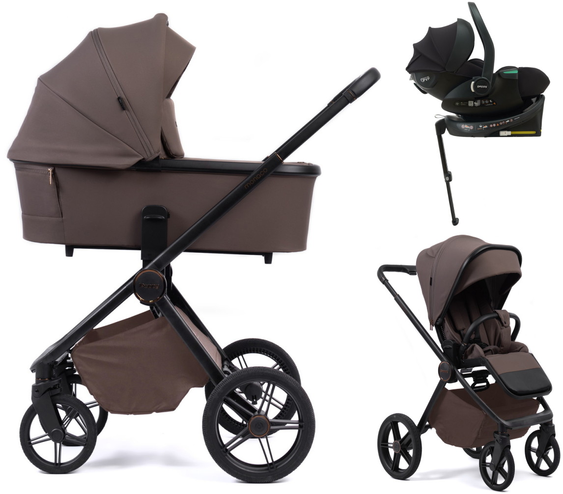 Детская коляска Peppy Monaco Plus 4 в 1 с автокреслом Jet Black и базой Brownie (коричневый), рама черная