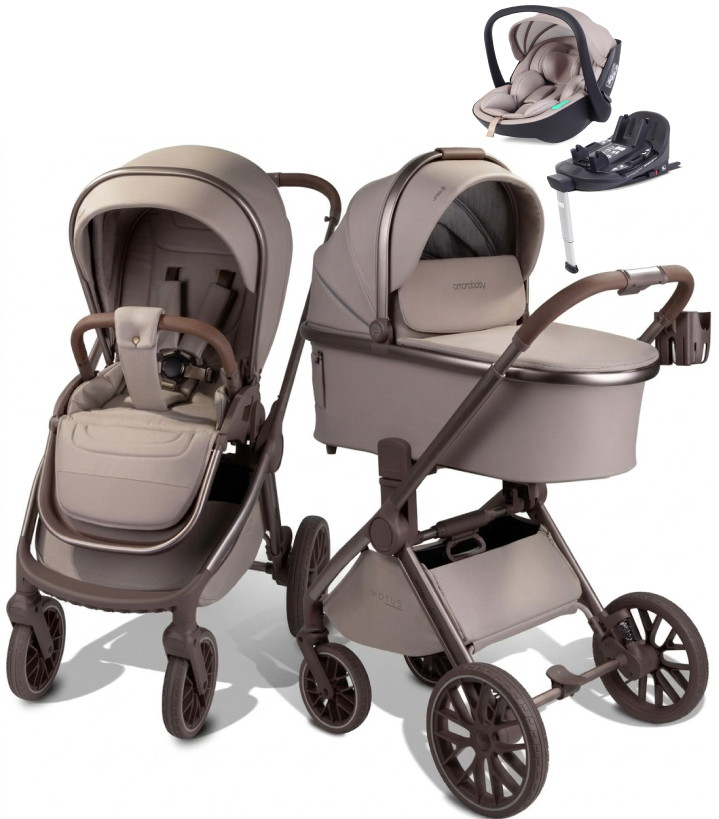 Детская коляска AmaroBaby Motus Premium Ecco Exclusive 4 в 1 с автокреслом Rant Miro Beige и базой мокко