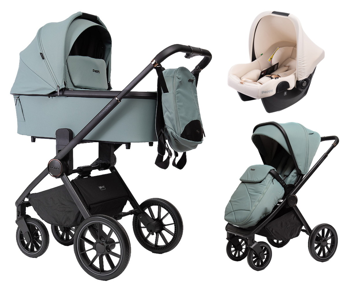 Детская коляска Peppy Monaco 3 в 1 с автокреслом Rise Milk Mint (мятный), рама черная