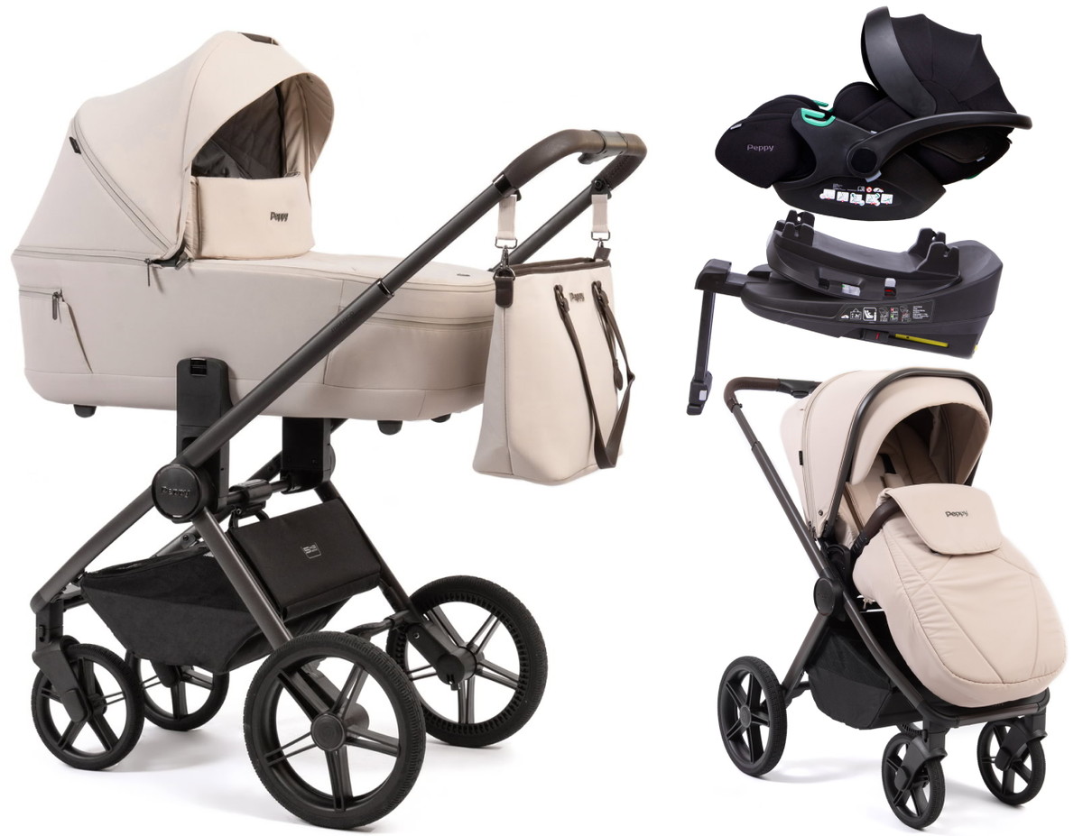 Детская коляска Peppy Monaco Thermo 4 в 1 с автокреслом Verona Black и базой Beige (молочный), рама серо-коричневая
