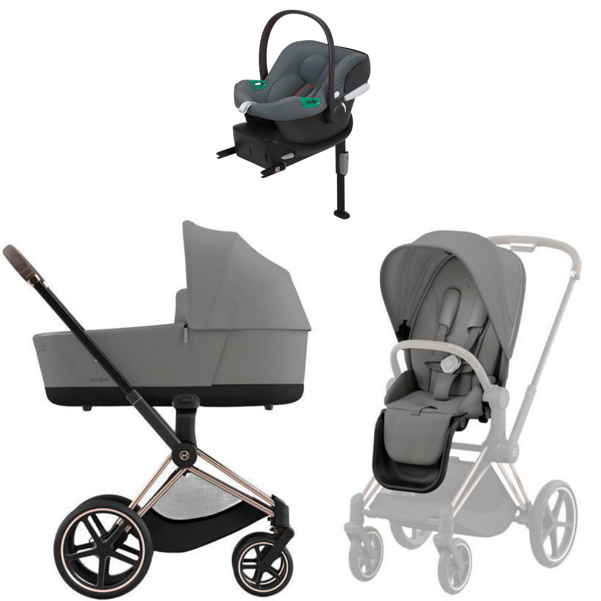 Коляска Cybex Priam IV Rosegold complete Aton B2 Steel Grey Base One 3 в 1 Mirage Grey