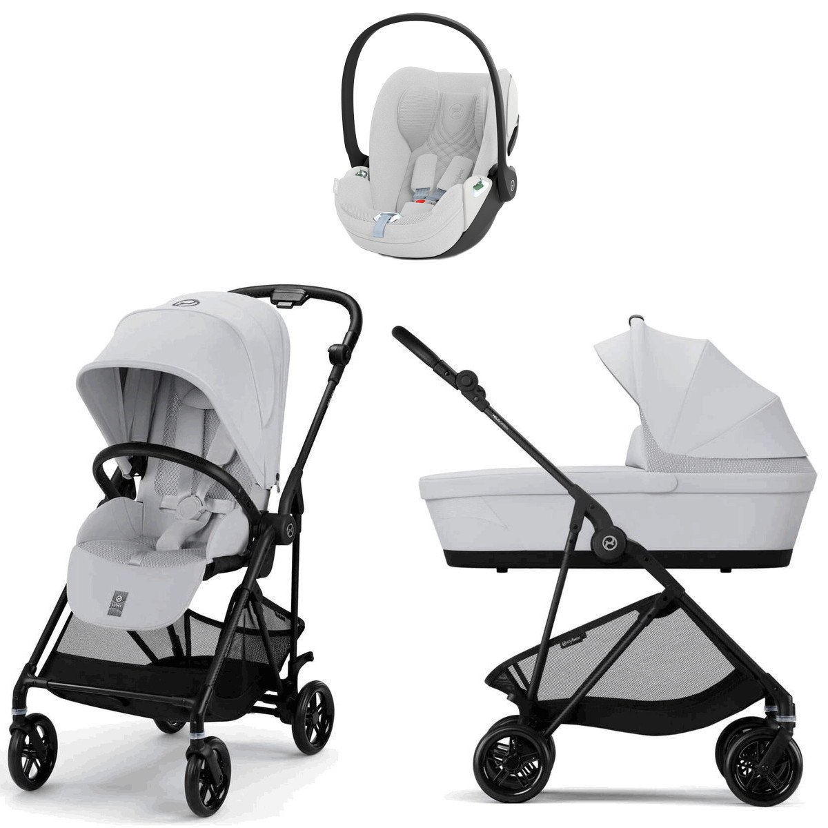 Коляска Cybex Melio Carbon Cloud T i-Size Platinum White Plus 3 в 1 Fog Grey с дождевиком