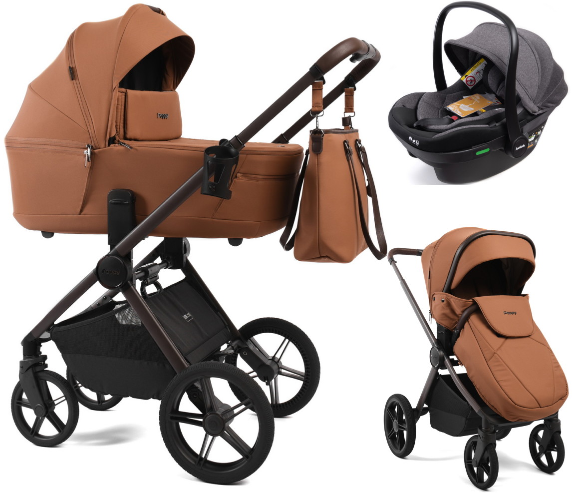 Детская коляска Peppy Monaco Thermo 3 в 1 с автокреслом Jovikids Aria Biscuit (бисквит), рама серо-коричневая
