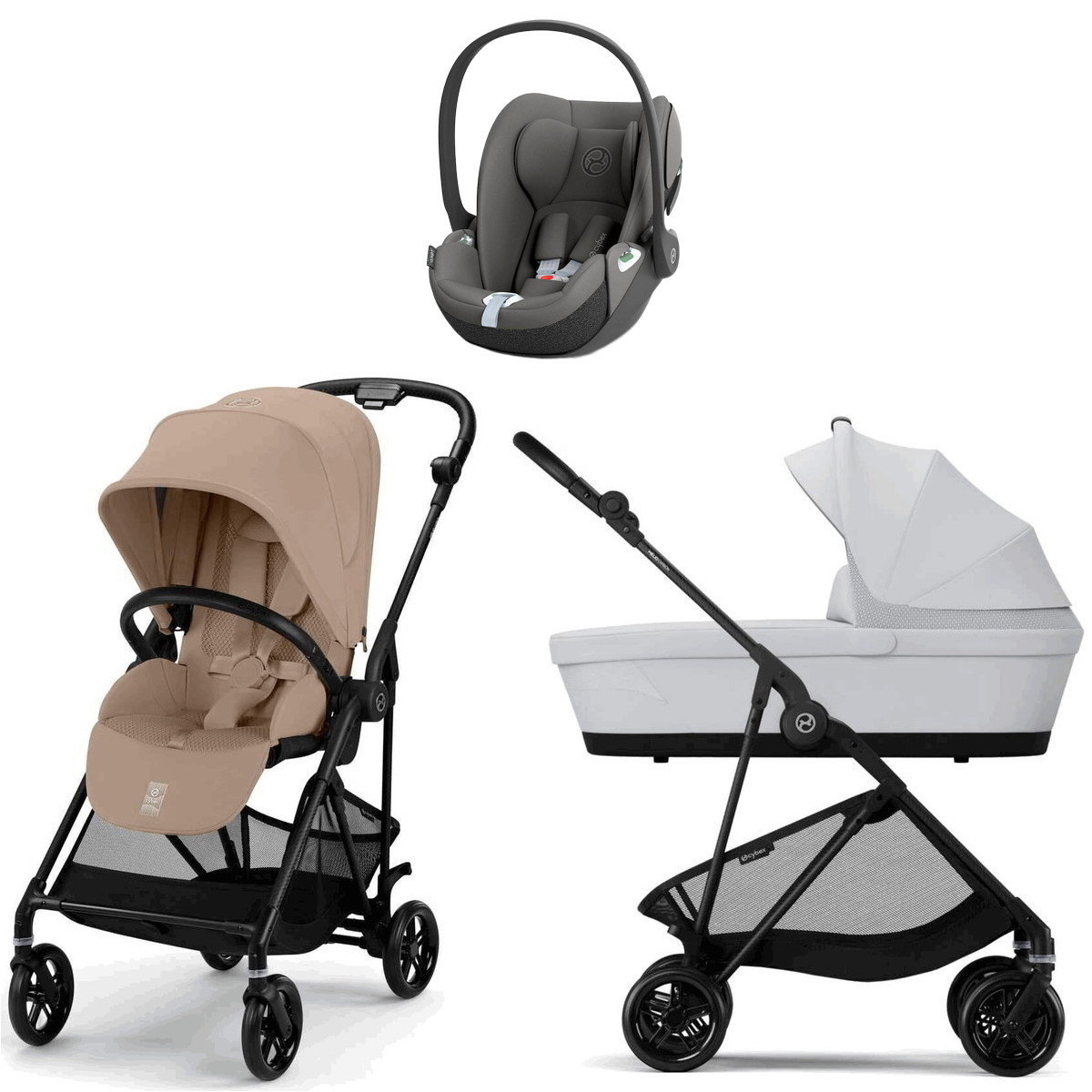 Коляска Cybex Melio Carbon Cloud T i-Size Mirage Grey 3 в 1 Almond Beige с дождевиком/Fog Grey