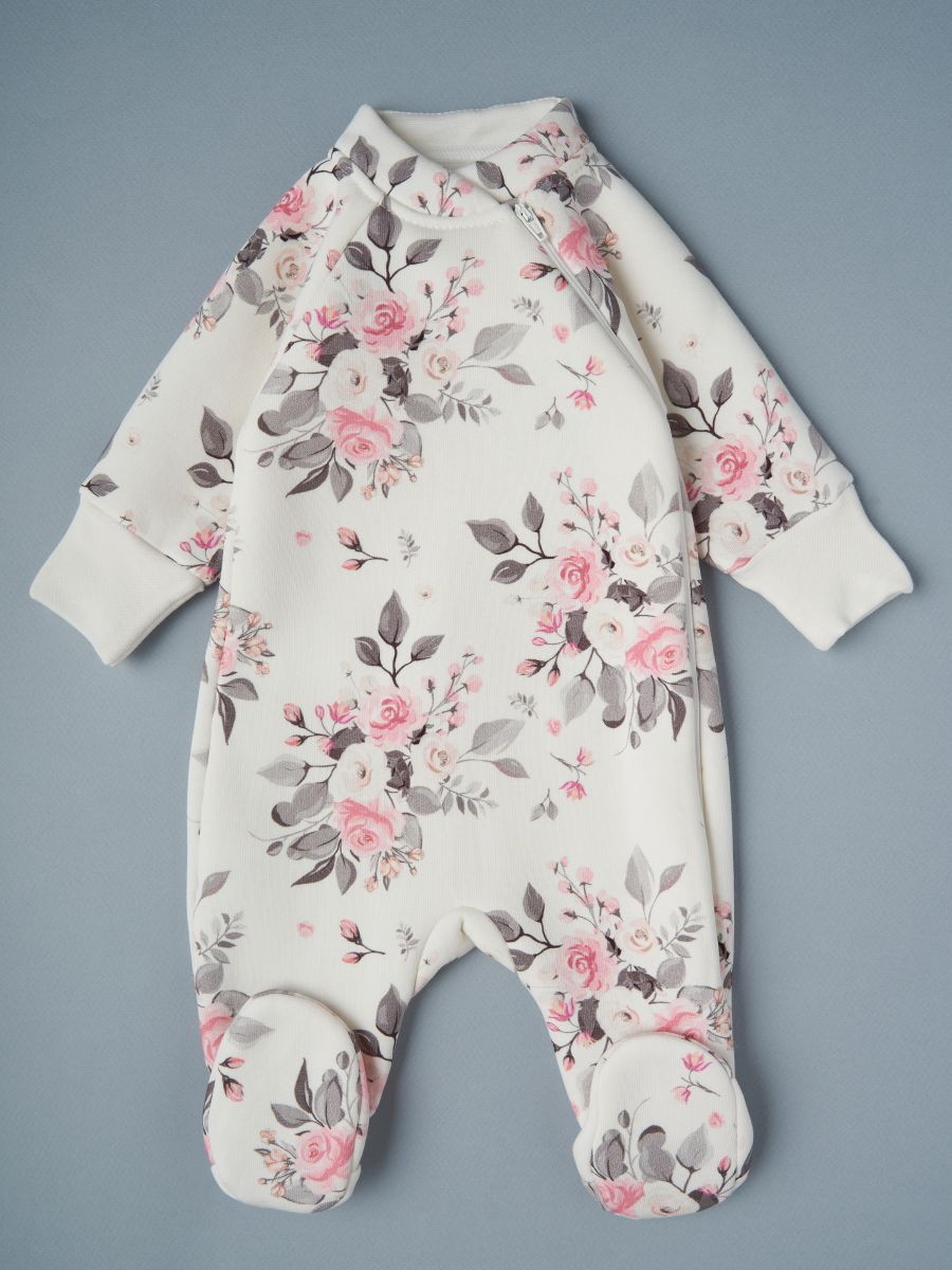 Комбинезон Little Star Цветы на креме со стойкой футер c начёсом 0214 (ЧЗ-мз) кремовый 62