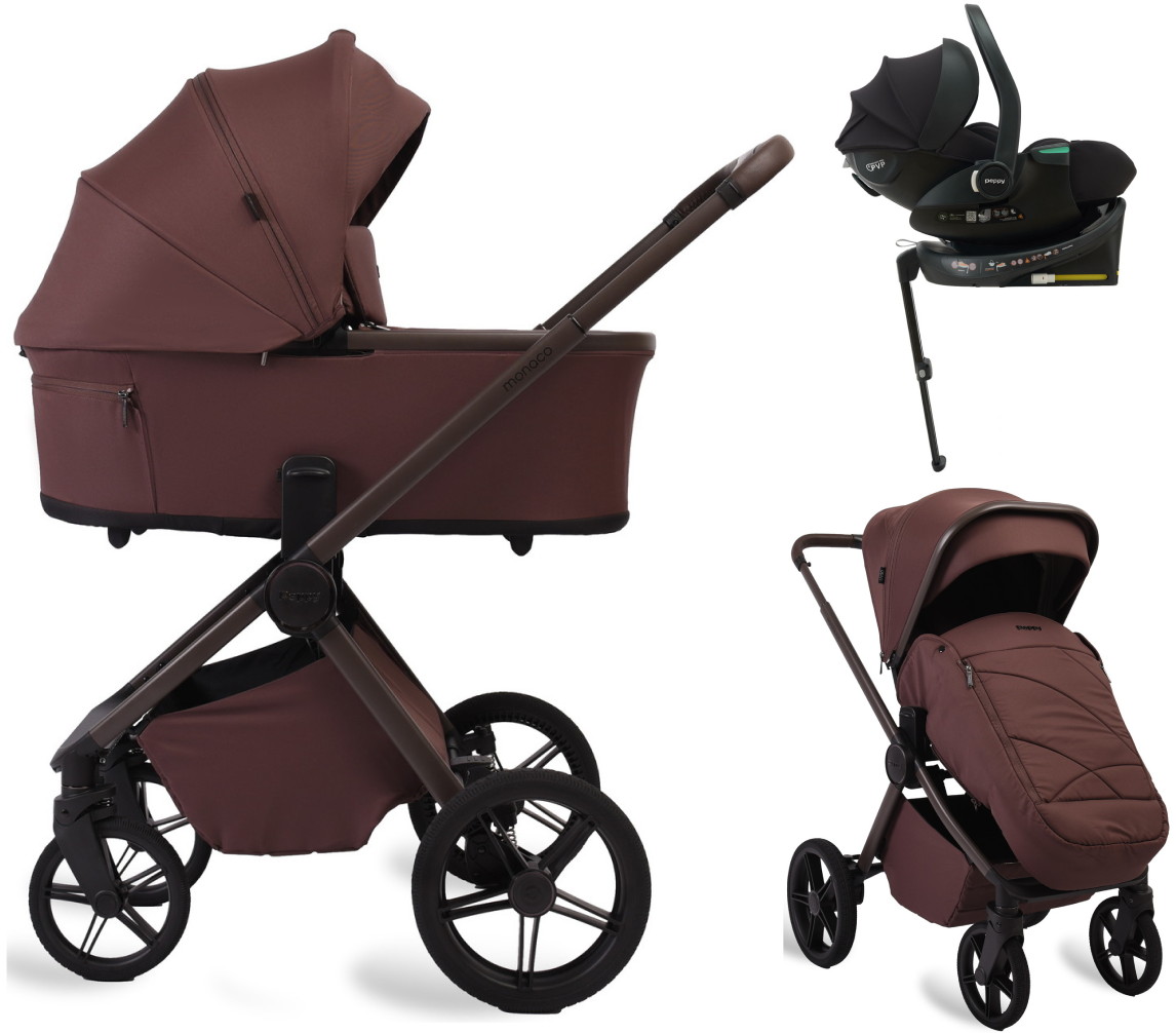 Детская коляска Peppy Monaco Plus 4 в 1 с автокреслом Jet Black и базой Burgundy (винный), рама коричневая
