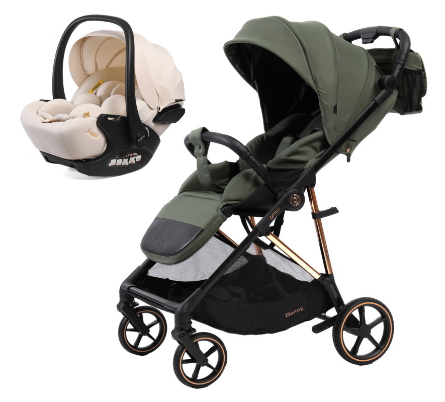 Прогулочная коляска Peppy Amici с автокреслом Verona Beige Green рама Gold