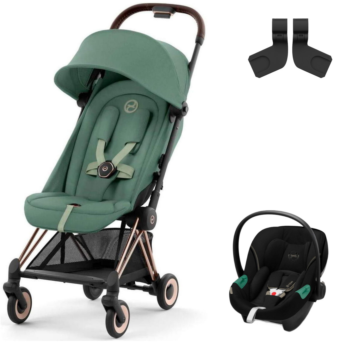 Коляска Cybex Coya Rosegold Frame Aton S2 i-Size Moon Black 2 в 1 Leaf Green с дождевиком и бампером