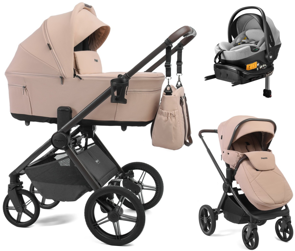 Детская коляска Peppy Soho 4 в 1 с автокреслом Welldon Crown 2 Grey и базой Rose (пыльная роза), рама серо-бежевый