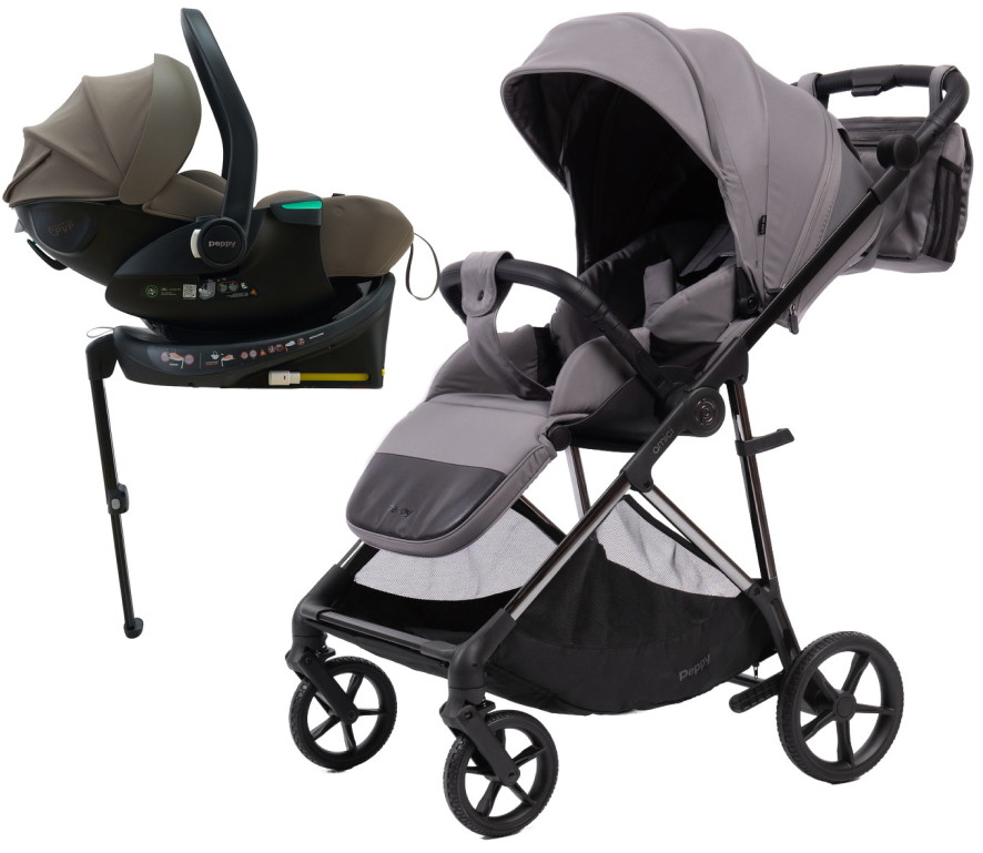 Прогулочная коляска Peppy Amici с автокреслом Jet Brown и базой Grey рама Black Chrome