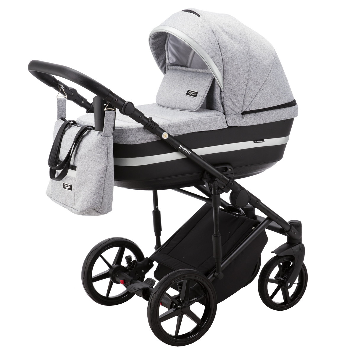 Детская коляска Adamex Rimini 2 в 1 RI32B LUX (СЕР.ЖАККАРД+ЧЕРН.КОЖА+СЕРЕБР.ОТДЕЛКА)