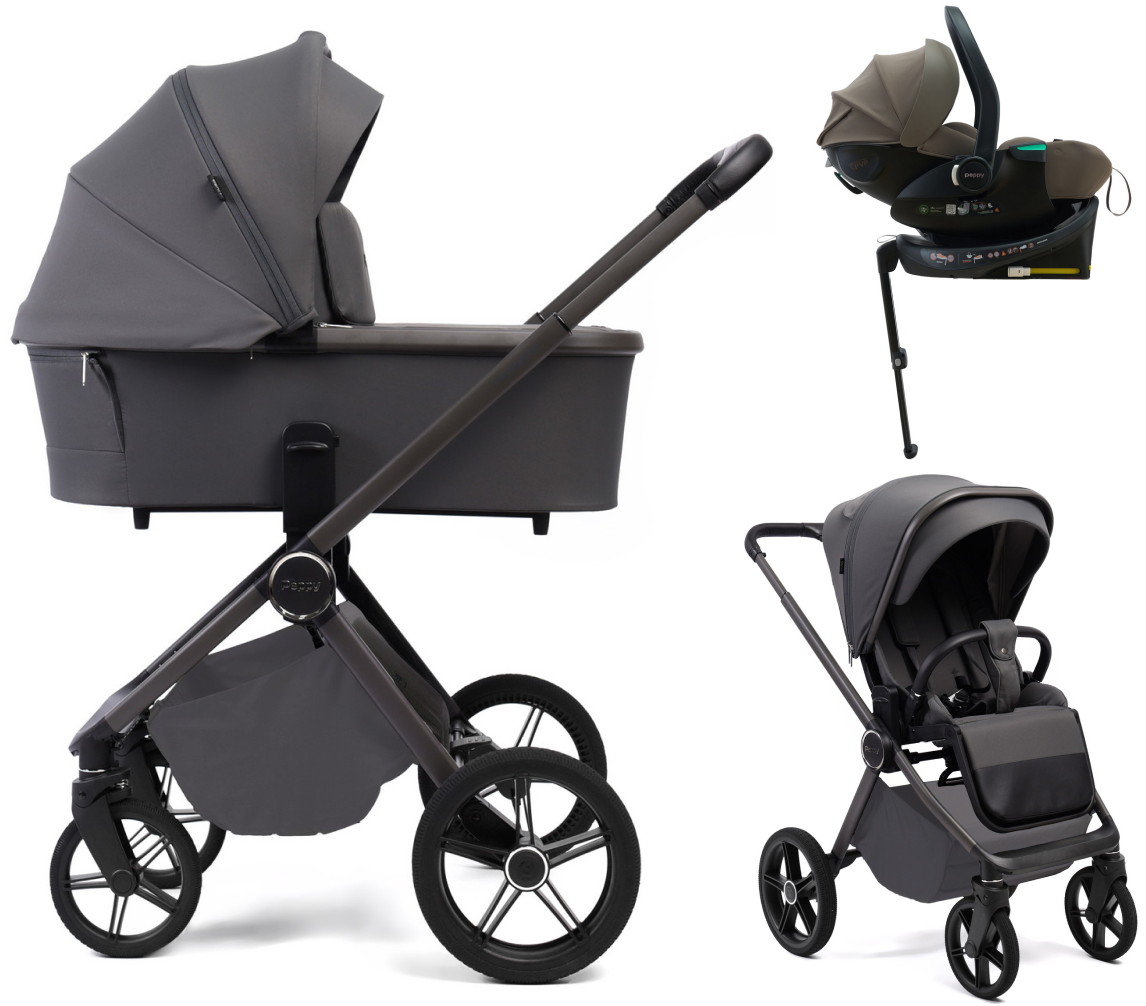 Детская коляска Peppy Monaco Plus 4 в 1 с автокреслом Jet Brown и базой Antrazit (графитовый), рама серая