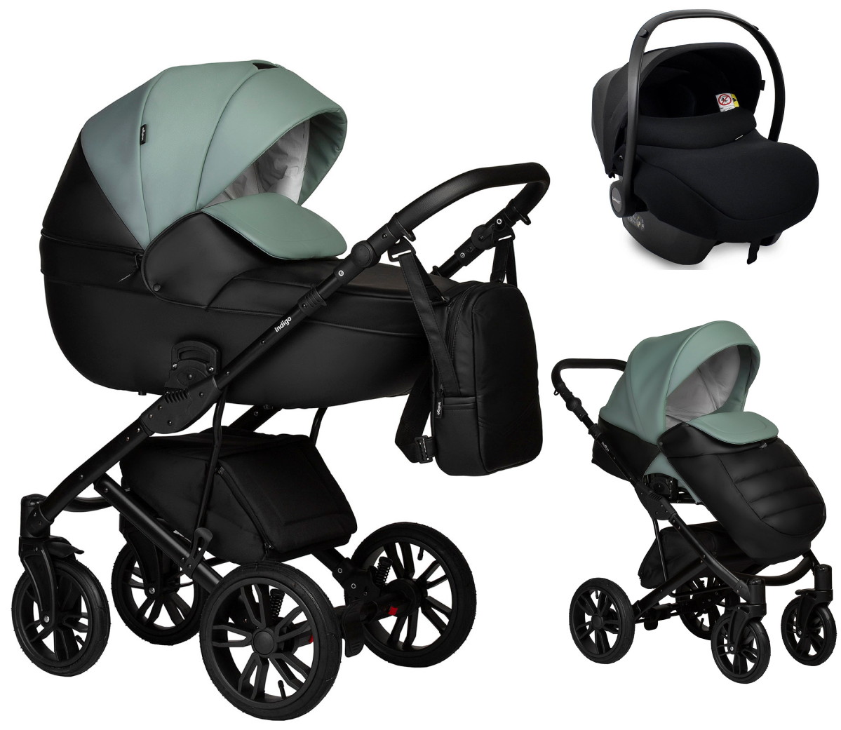 Детская коляска Indigo Mio Eco 3 в 1 с автокреслом Avionaut Cosmo 05 черная кожа+шалфей кожа