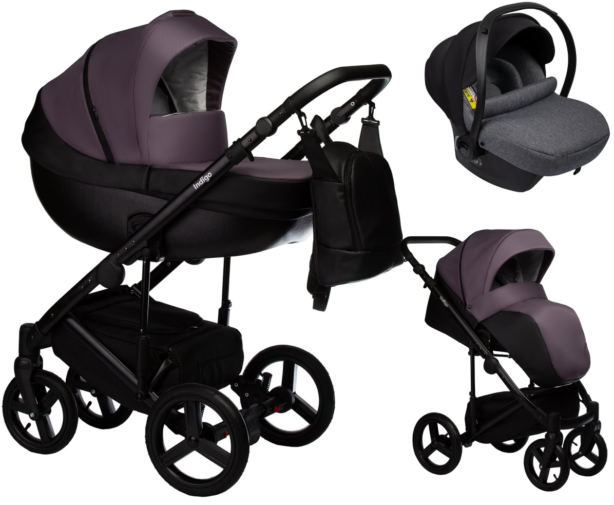 Детская коляска Indigo Tour Eco 3 в 1 с автокреслом Avionaut Cosmo Grey Te08 черная кожа+фиолетовый