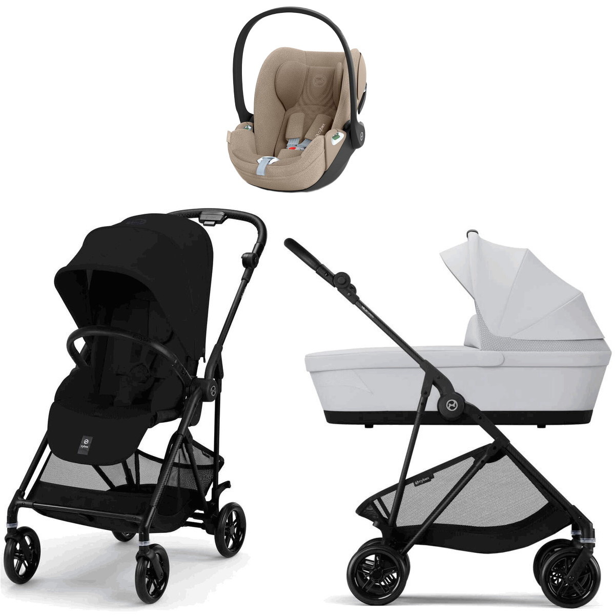 Коляска Cybex Melio Carbon Cloud T i-Size Cozy Beige Plus 3 в 1 Magic Black с дождевиком/Fog Grey