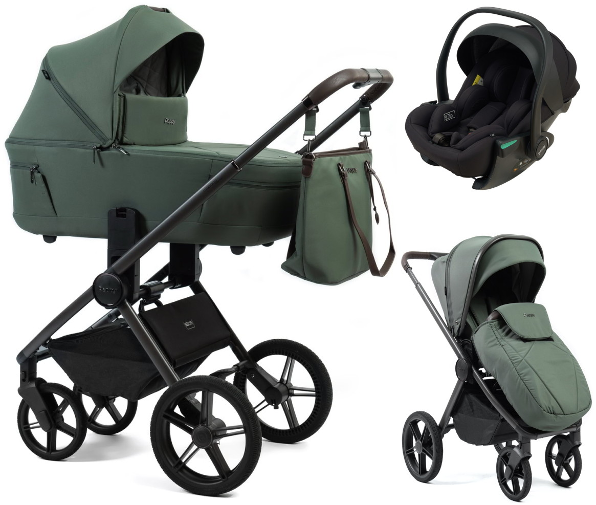 Детская коляска Peppy Monaco Thermo 3 в 1 с автокреслом Jet Black Green (зеленый), рама серо-коричневая
