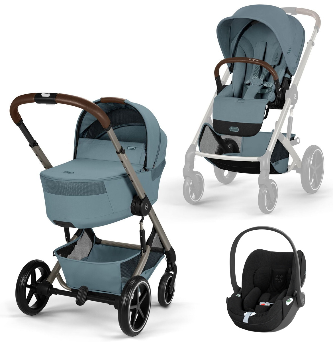 Коляска Cybex Balios S Lux Fold Cot TPE Cloud T Sepia Black Plus 3 в 1 Stormy Blue с дождевиками