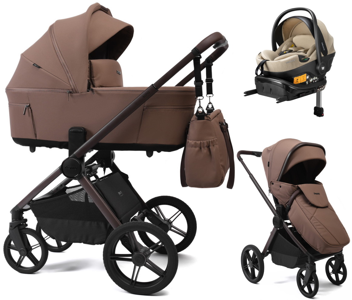 Детская коляска Peppy Soho 4 в 1 с автокреслом Welldon Crown 2 Beige и базой Cappuccino (капучино) рама шоколад