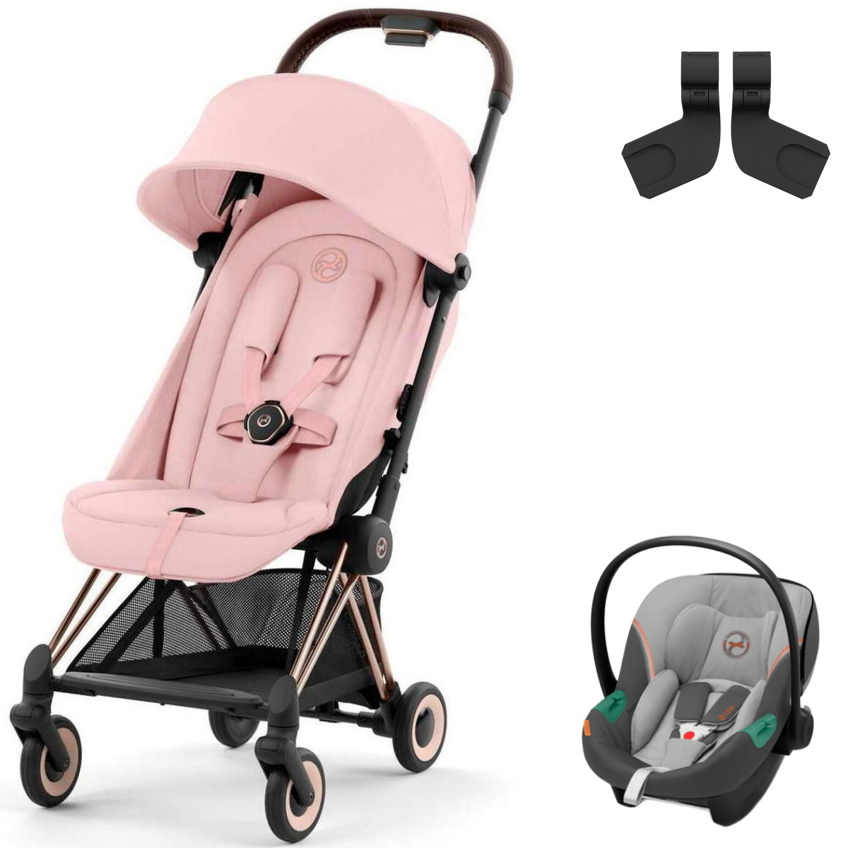 Коляска Cybex Coya Rosegold Frame Aton S2 i-Size Lava Grey 2 в 1 Peach Pink с дождевиком и бампером
