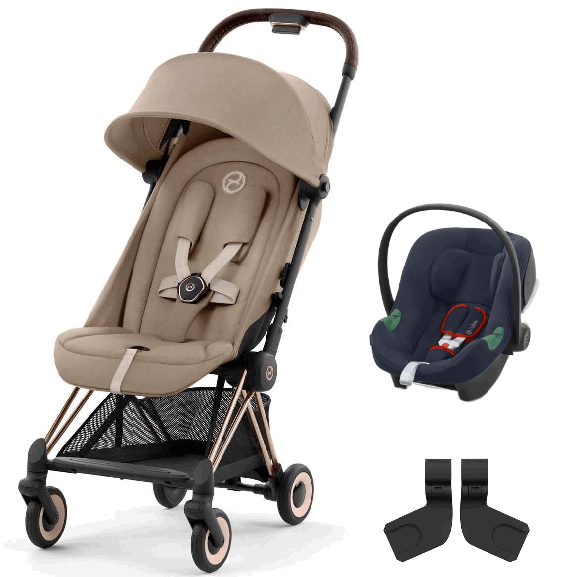 Коляска Cybex Coya Rosegold Frame Aton B2 i-Size Bay Blue Cozy Beige с дождевиком и бампером