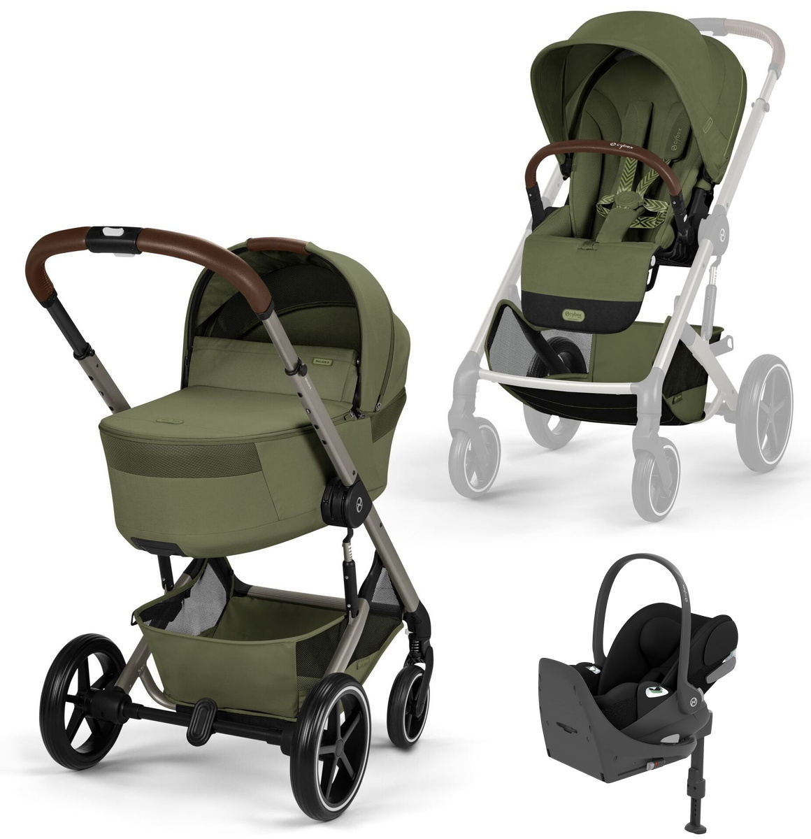 Коляска Cybex Balios S Lux Fold Cot TPE Cloud T Sepia Black Base T 4 в 1 Moss Green с дождевиками
