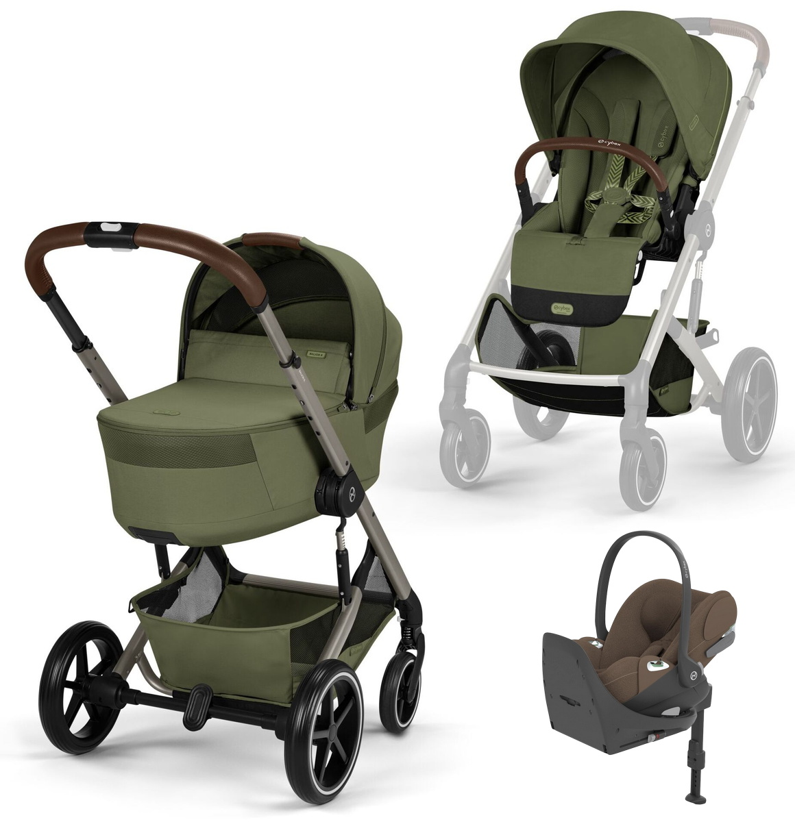 Коляска Cybex Balios S Lux Fold Cot TPE Cloud T Coconut Brown Plus Base T 4 в 1 Moss Green с дождевиками